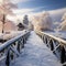 A winter wonderland Snow blankets a picturesque wooden bridge scene