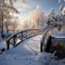 A winter wonderland Snow blankets a picturesque wooden bridge scene