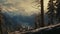 Winter Wooded Scene With Mountains And Trees - Post-apocalyptic Imagery