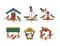 Winter Wooden Bird Feeder with Aves Picking Grain and Seeds Vector Set