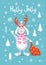 Winter xmas christmas holly jolly greeting card with cute cartoon congratulating rabbit with presents sack on blue texture with st