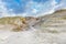 Winters dune scenery along Dutch North Sea coast with by wind power carved   deep holes