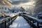 In winters embrace, a wooden bridge spans across a snowy landscape