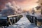 In winters embrace, a wooden bridge spans across a snowy landscape