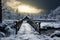 In winters embrace, a wooden bridge spans across a snowy landscape