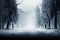 Winters tranquility a snowy road amid an ancient forests black silhouettes