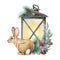 Wintertime floral decor with bunny and lantern. Watercolor illustration. Hand drawn cute small rabbit with pine
