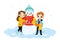 Wintertime Scene Vector Illustration In Cartoon Flat Style With Characters. Male And Female Children Hugging Smiling