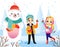 Wintertime Scene Vector Illustration In Cartoon Flat Style On Snowing Landscape Background. Colourful Gradient
