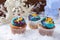 Wintery cupcakes on a snow background