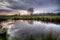 Wintery sunset reflected in a water filled pond..