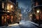 A wintry city scene at night, featuring a charmingly decorated Christmas tree on a snowy street, A Victorian street scene on a