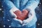 Wintry love symbol: Female hands, gloves, snowy heart, Valentines concept