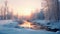 Wintry Scenery: River In Snow Covered Forest With Golden Glow