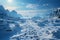 Wintry trek Footprints ascend hill as humans venture through snow covered landscape