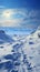 Wintry trek Footprints ascend hill as humans venture through snow covered landscape