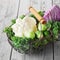 Wire basket of farm fresh vegetables