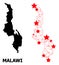 Wire Frame Polygonal Map of Malawi with Red Stars