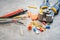 Wire strippers or cable strippers tool and Solderless Terminals on desk. Electrical tools concept ,selective focus