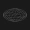 Wireframe ellipse planet in old cyberpunk style with liquid glitch effect. Retrofuturistic design element. Cyber planet