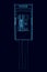 Wireframe of a street telephone booth made of blue lines, isolated on a dark background. Front view. 3D. Vector