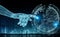 Wireframed blue robot hand touching digital world on dark background 3D rendering