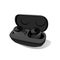 Wireless earbuds in black color. Small Earphones in case. Dark theme. Modern gadget device for listen music in opened