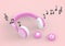 Wireless headphones and music note on pink pastel background