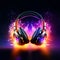 Wireless neon glowing headphones. Vibrant accessory for music lover on black background, surrounded by sparks and colorful light