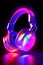 Wireless neon glowing headphones. Vibrant colorful accessory for music lover on black background. Created with generative Ai