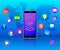 Wireless network connections technology. IOT concept. Cloud computing. Smartphone with colorful icons on blue background with worl