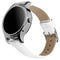 Wireless smart watch in a round shiny silver case and a white leather strap