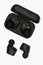 Wireless stereo earbuds. Black wireless earphones and charging case. Earbuds or headphones and charging case with bult