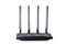 Wireless wi-fi black router with four antennas isolated on white. High speed internet connection, firewall network and