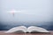 Wisdom concept - open book over sea and lighthouse background