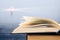 Wisdom concept - open book over sea and lighthouse background