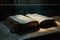 Wisdom emanates as an ancient Bible illuminates a shadowed library