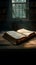 Wisdom emanates as an ancient Bible illuminates a shadowed library