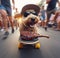 wise beige terrier thieve wear cap sunglass escape on skateboard street market stolen grilled steak