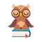 Wise Brown Owl, Cute Bird Cartoon Character Sitting and Relaxing on Book Vector Illustration