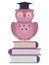 Wise cute pink vector owl sitting on three multi-colored books in a university hat isolated object on a white background