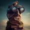 wise man with binoculars on the top of a tower of books, surreal concept.