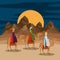 Wise men traveling in the desert christmas scene