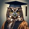 A wise old owl in a graduation cap and gown, holding a diploma3