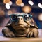 A wise old tortoise wearing glasses and a bowtie, hosting a New Years Eve storytelling session for other animals4