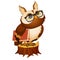 Wise owl with a book stands on a stump isolated on white background. Vector cartoon close-up illustration.