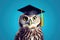 wise owl with graduation cap isolated un blue background.