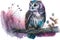 A wise owl perched on a branch, with a watercolor background Generative AI
