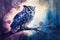 A wise owl perched on a branch, with a watercolor background Generative AI