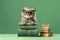 A wise owl sitting on the books heap on a green background.AI generated